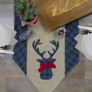 80" Blue and Brown Burlap and Plaid Christmas Table Runner with Reindeer Pattern