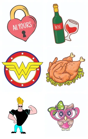 Bhai Please Love Lock, Wine Bottle, Wonder Woman, Turkey, Johnny Bravo and Cute Owl Wooden Fridge Magnet (Pack of 6 pcs, one pc Each Design)