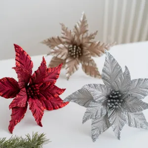 Bulk Christmas Glitter Poinsettia Flowers Picks 9.8" Sequin Artificial Flowers Wedding Christmas Tree New Year Ornaments Wholesale