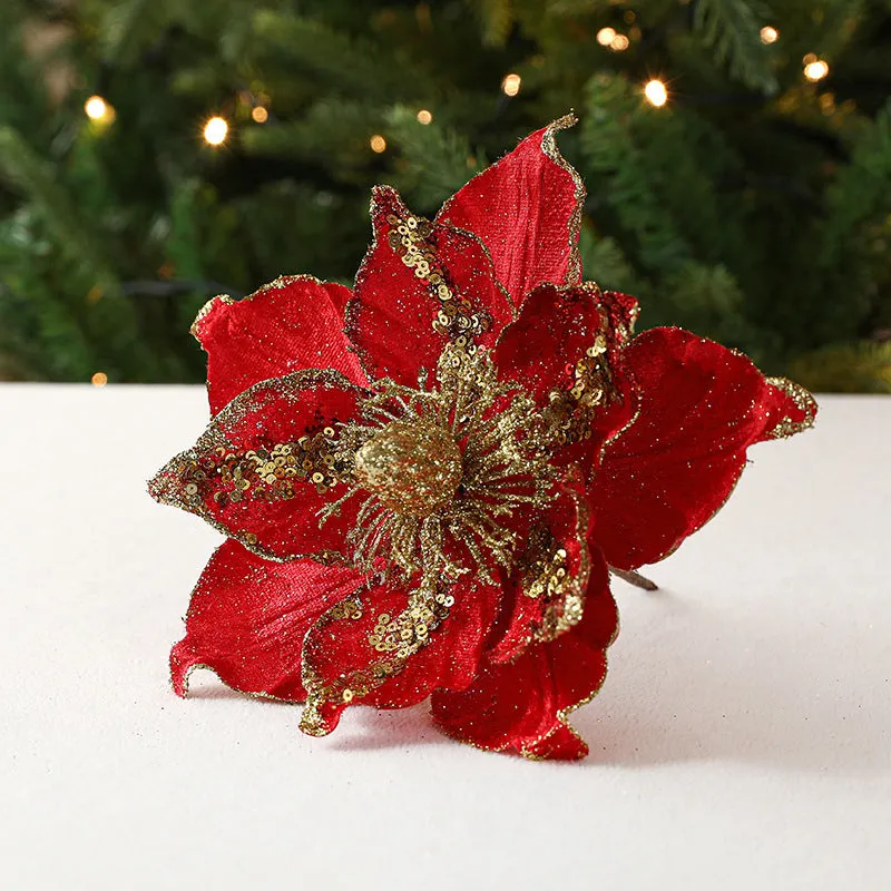 Bulk Large Retro Christmas Glitter Poinsettia Stems Christmas Decoration Wholesale