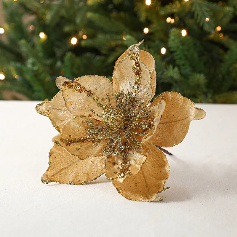 Bulk Large Retro Christmas Glitter Poinsettia Stems Christmas Decoration Wholesale