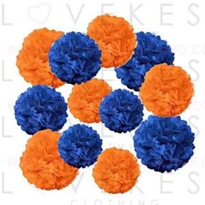 CC wonderland zone Paper Pom Poms Party Kit,Tissue Pom Poms Decorations,Paper Flower Ball,Theme Party Decorations(Blue,Orange,12 PCS)