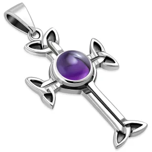 Celtic Trinity Knot Cross Silver Pendant set w/ Amethyst Stone