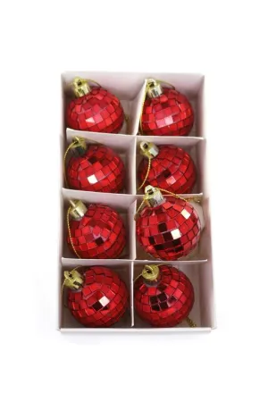 Cody Foster 1.5" Mini Mirror Disco Ball Glass Christmas Retro Ornaments 8 Piece Set Red