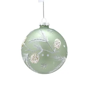 Festive 10cm Sage Glitter Leaf Glass Bauble