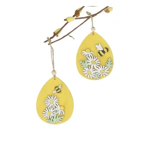 Gisela Graham Wooden Egg with Bee and Daisies Hanging Decoration (Choice of 2)