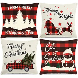 HAJACK Christmas Pillow Covers, Christmas Decorations Throw Pillow Covers, 18x18 Inches Set of 4 Throw Pillow Cases with Holiday Decor, Buffalo Plaid Couch Pillow Case Christmas Winter Decorations