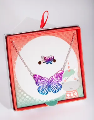 Kids Silver Butterfly Necklace Ring Set