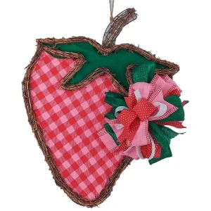 Spring Summer Strawberry Grapevine Wreath - Gingham Door Hanger Oversized Bow Pink Fuschia Door Decor; Pink Red Emerald